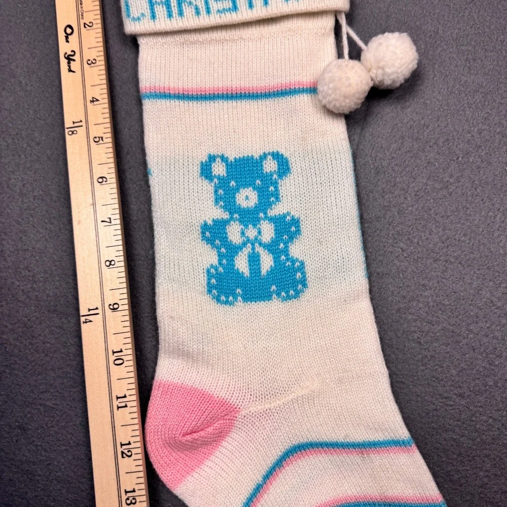 Vtg Babys‎ First Christmas Knit Stocking Bear Unisex Boy Girl Blue Pink White